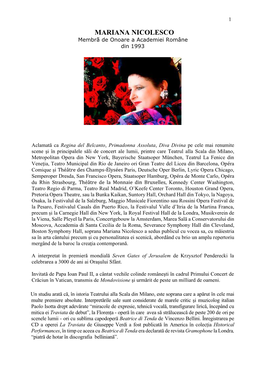 MARIANA NICOLESCO Membră De Onoare a Academiei Române Din 1993