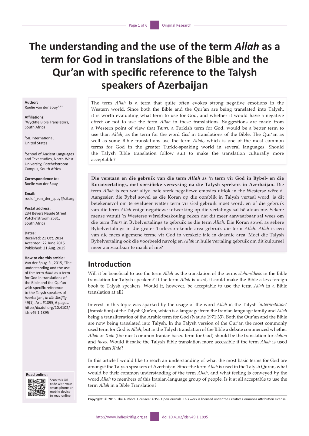 The Understanding and the Use of the Term Allah As a Term for God in Translations of the Bible and the Qur'an with Specific R