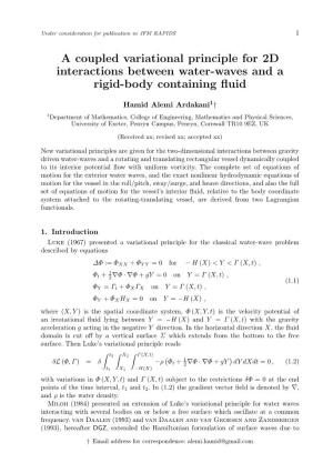 A Coupled Variational Principle for 2D Interactions Between Water-Waves and a Rigid-Body Containing ﬂuid