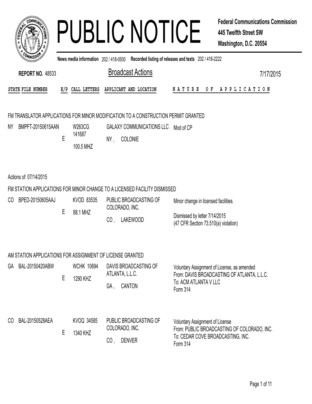 Broadcast Actions 7/17/2015