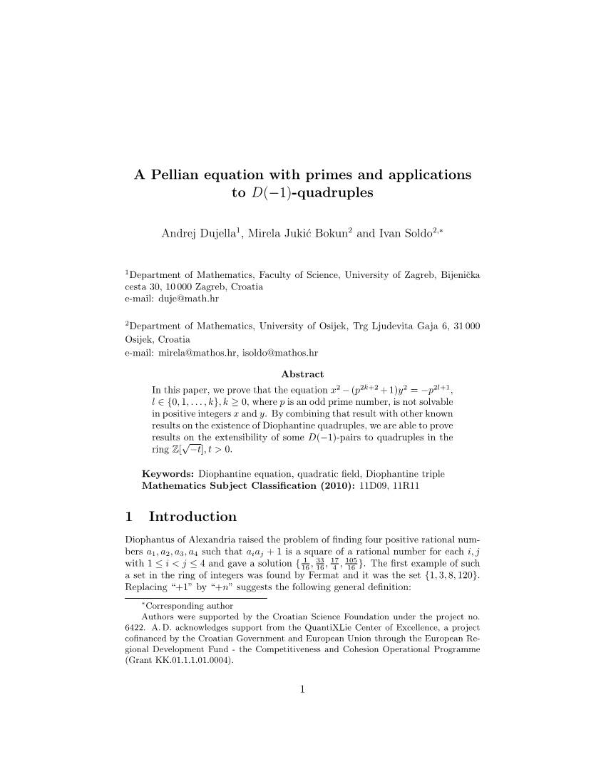 A Pellian Equation with Primes and Applications to D(−1)-Quadruples