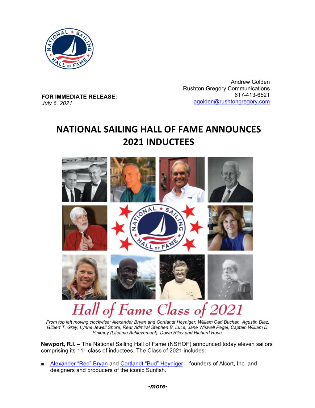 National Sailing Hall of Fame Announces 2021 Inductees