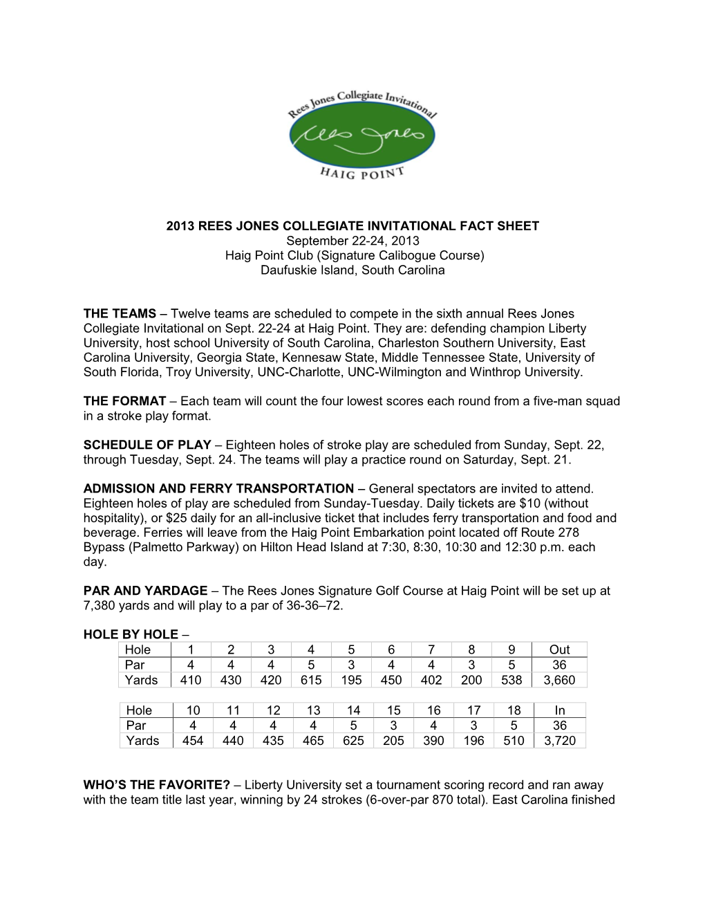 2013 REES JONES COLLEGIATE INVITATIONAL FACT SHEET September 22-24, 2013 Haig Point Club (Signature Calibogue Course) Daufuskie Island, South Carolina