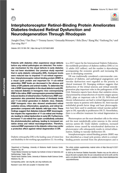 Interphotoreceptor Retinol-Binding Protein Ameliorates Diabetes-Induced Retinal Dysfunction and Neurodegeneration Through Rhodopsin