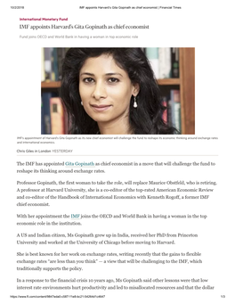 IMF Appoints Harvard's Gita Gopinath As Chief Economist