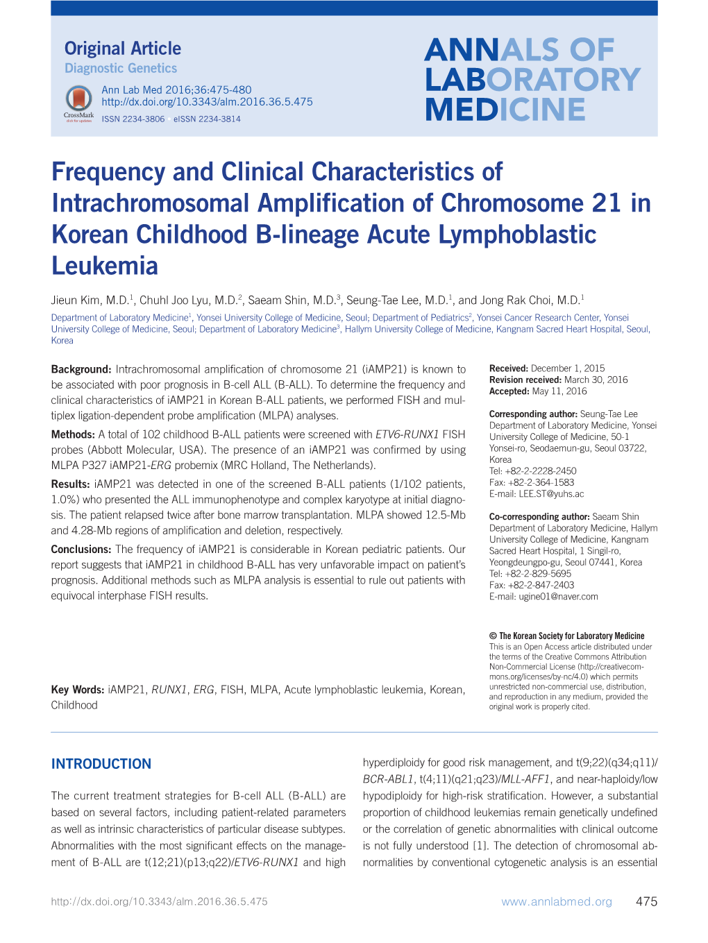Frequency and Clinical Characteristics of Intrachromosomal Amplification of Chromosome 21 in Korean Childhood B-Lineage Acute Lymphoblastic Leukemia