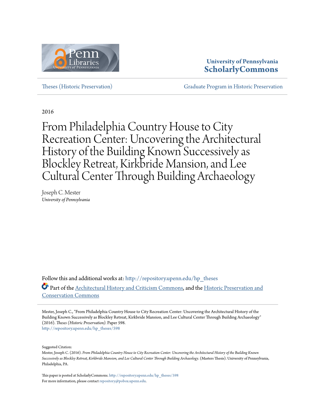 From Philadelphia Country House to City Recreation Center