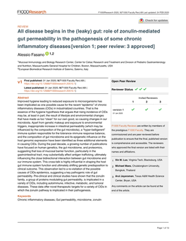 Role of Zonulin-Mediated Gut Permeability in the Pathogenesis of Some Chronic Inflammatory Diseases [Version 1; Peer Review: 3 Approved] Alessio Fasano 1,2