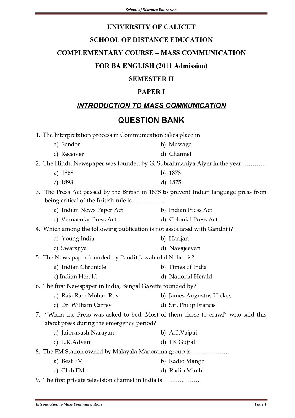 Introduction to Mass Communication Question Bank