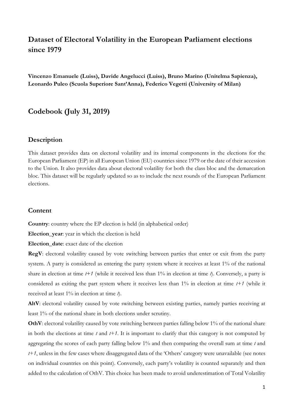 Dataset of Electoral Volatility in the European Parliament Elections Since 1979 Codebook (July 31, 2019)