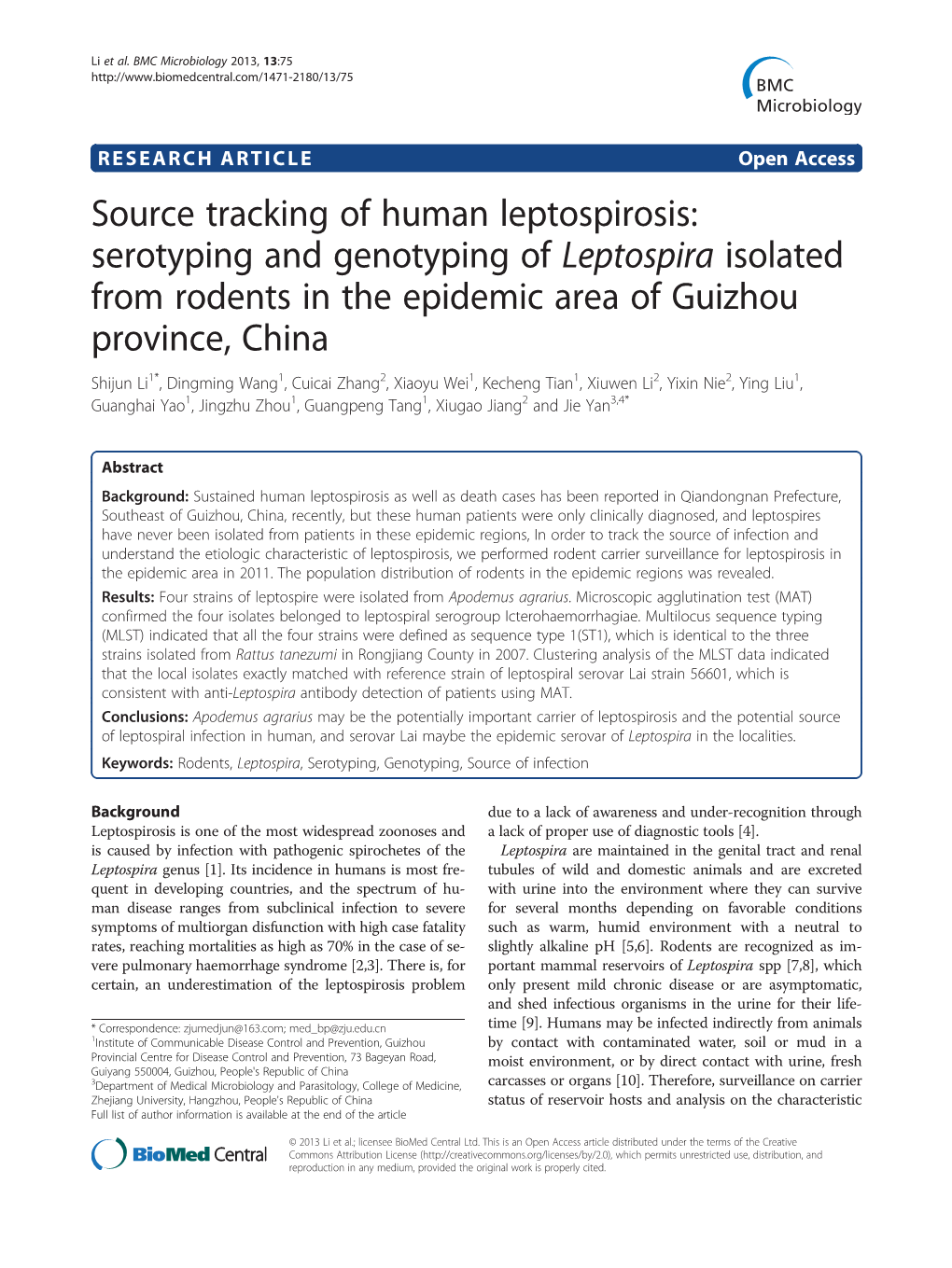 Source Tracking of Human Leptospirosis: Serotyping and Genotyping of Leptospira Isolated from Rodents in the Epidemic Area of Gu