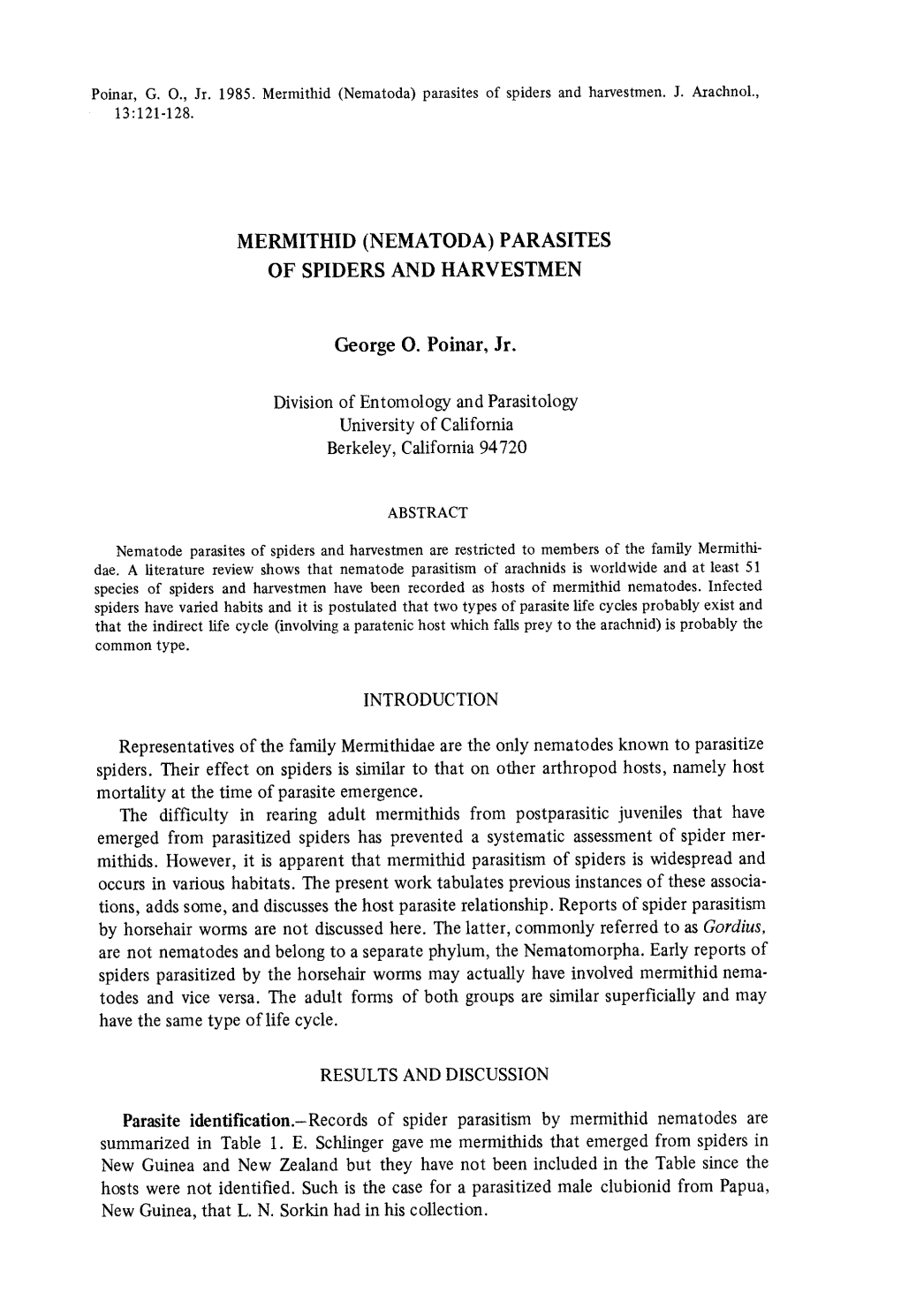 Poinar, G . O ., Jr . 1985 . Mermithid (Nematoda) Parasites of Spiders