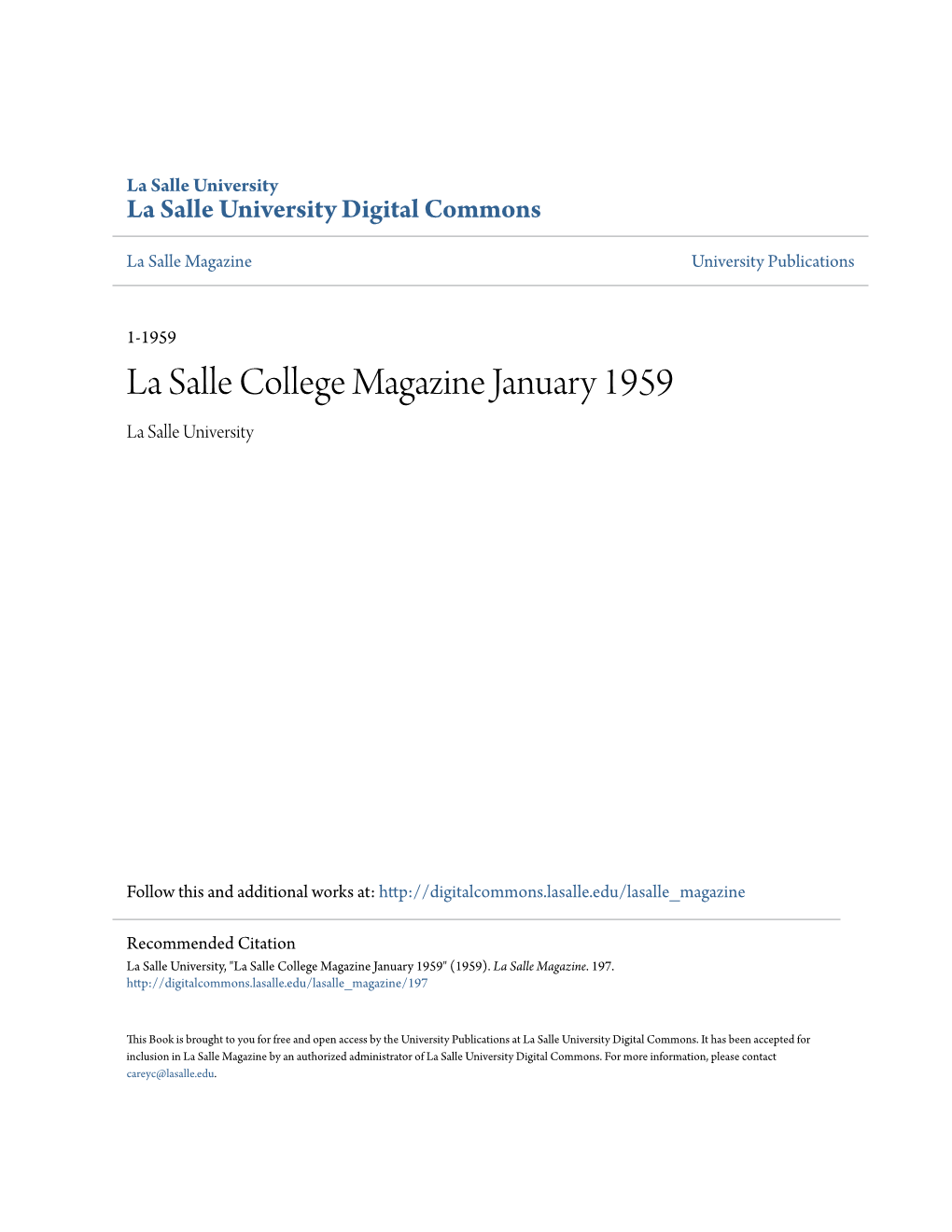 La Salle College Magazine January 1959 La Salle University