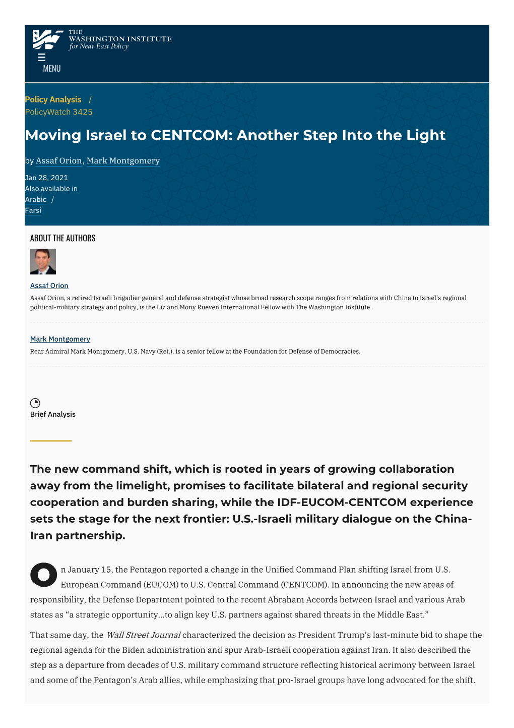 Moving Israel to CENTCOM: Another Step Into the Light by Assaf Orion, Mark Montgomery