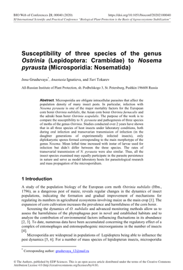 Susceptibility of Three Species of the Genus Ostrinia (Lepidoptera: Crambidae) to Nosema Pyrausta (Microsporidia: Nosematida)