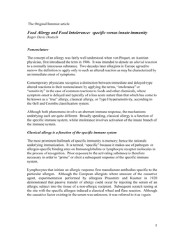 Food Allergy and Food Intolerance: Specific Versus Innate Immunity Roger Davis Deutsch