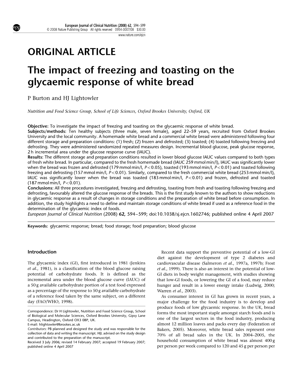 The Impact of Freezing and Toasting on the Glycaemic Response of White Bread