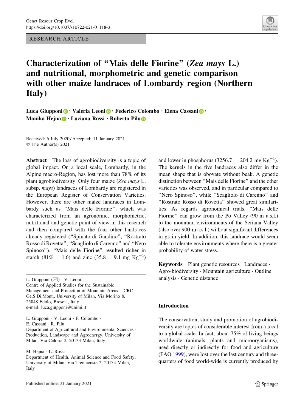 Characterization of “Mais Delle Fiorine” (Zea Mays