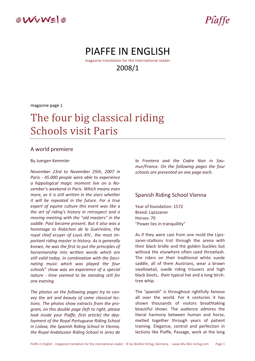 PIAFFE in ENGLISH the Four Big Classical Riding Schools Visit Paris