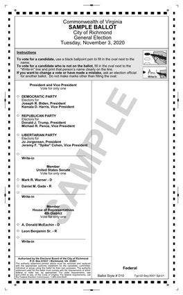 SAMPLE BALLOT City of Richmond General Election Tuesday, November 3, 2020