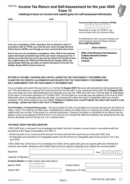 Income Tax Return and Self-Assessment for the Year 2020 Form 11 (Relating to Taxes on Income and Capital Gains for Self-Assessed Individuals)