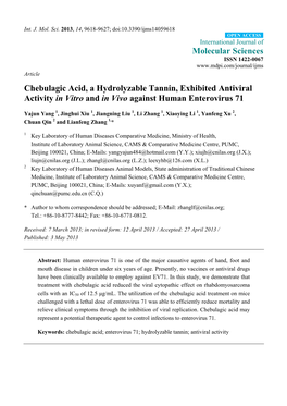 Chebulagic Acid, a Hydrolyzable Tannin, Exhibited Antiviral Activity in Vitro and in Vivo Against Human Enterovirus 71