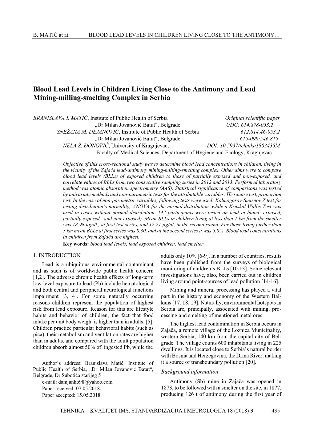 Blood Lead Levels in Children Living Close to the Antimony and Lead Mining-Milling-Smelting Complex in Serbia