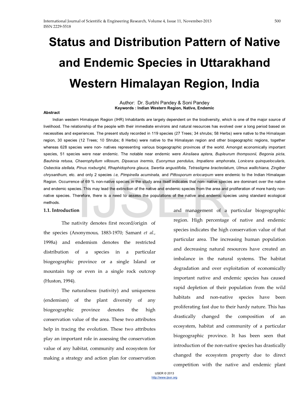 Status and Distribution Pattern of Native and Endemic Species in Uttarakhand