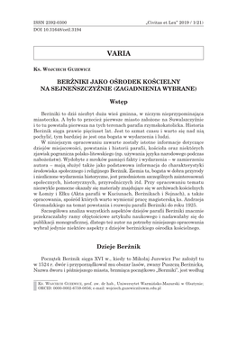 Berżniki Jako Ośrodek Kościelny Na Sejneńszczyźnie (Zagadnienia Wybrane)