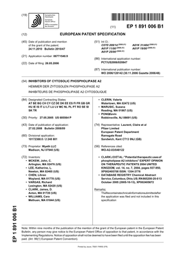 Inhibitors of Cytosolic Phospholipase A2 Hemmer Der Zytosolen Phospholipase A2 Inhibiteurs De Phospholipase A2 Cytosolique