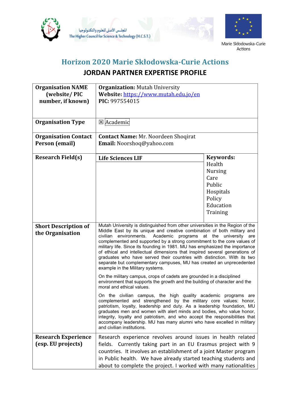 Horizon 2020 Marie Skłodowska-Curie Actions JORDAN PARTNER EXPERTISE PROFILE