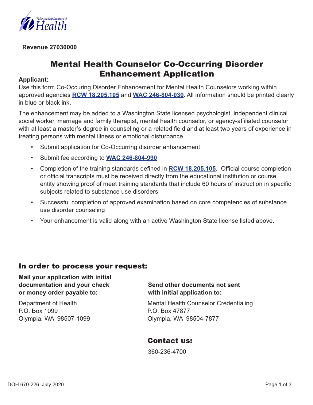 Mental Health Counselor Co-Occurring Disorder Enhancement Application