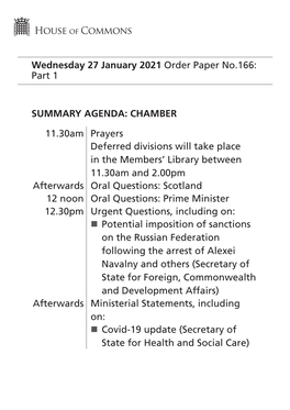 Wednesday 27 January 2021 Order Paper No.166: Part 1