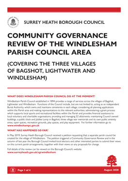 Community Governance Review of the Windlesham Parish Council Area (Covering the Three Villages of Bagshot, Lightwater and Windlesham)