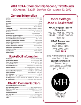 Iona College Men's Basketball General Information Basketball Information Athletic Communications 2013 NCAA Championship Second