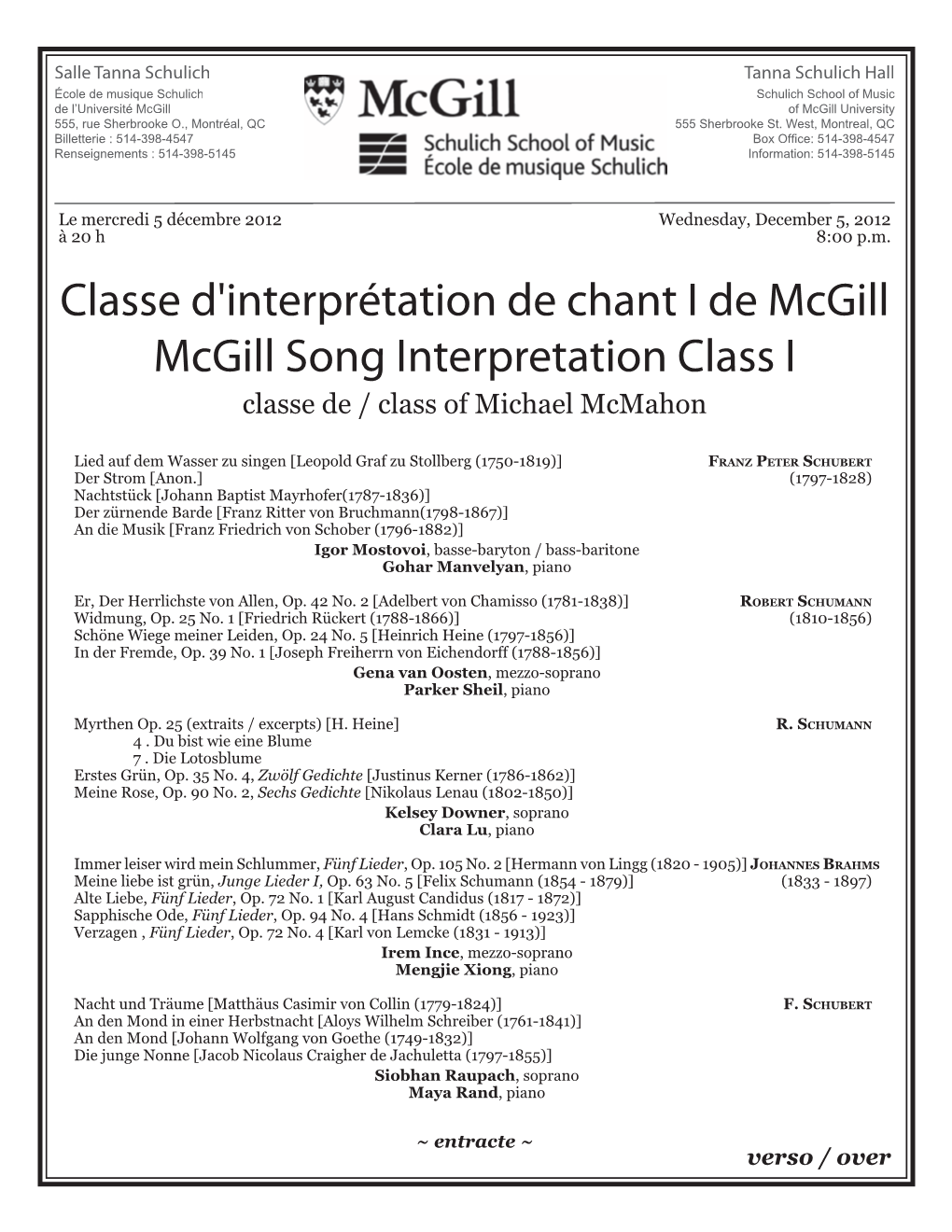 Classe D'interprétation De Chant I De Mcgill Mcgill Song Interpretation Class I Classe De / Class of Michael Mcmahon