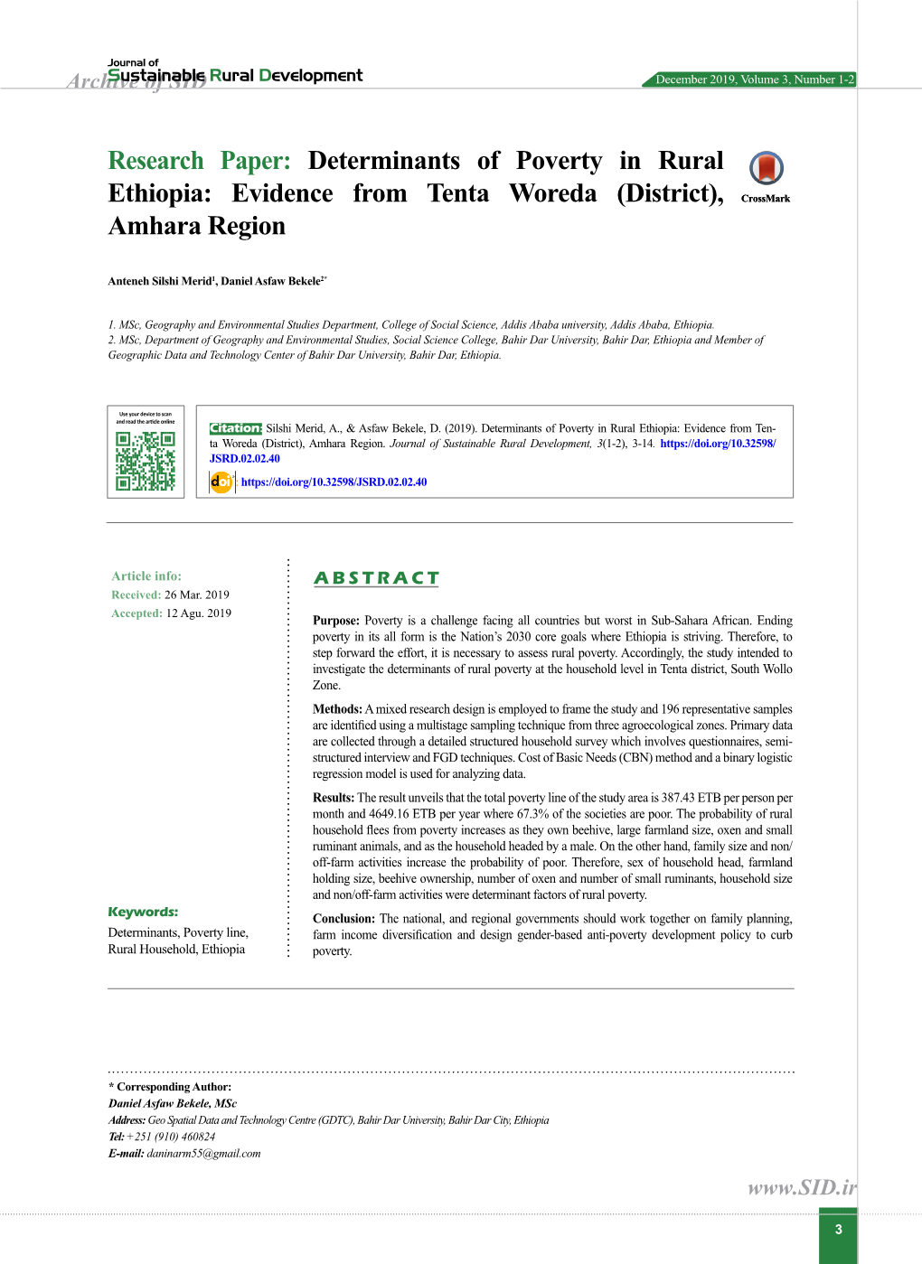 Determinants of Poverty in Rural Ethiopia: Evidence from Tenta Woreda (District), Crossmark Amhara Region