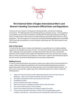 The Fraternal Order of Eagles International Men's and Women's Bowling Tournament Official Rules and Regulations