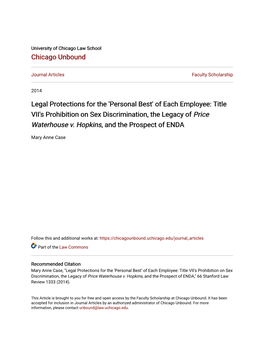 Of Each Employee: Title VII's Prohibition on Sex Discrimination, the Legacy of Price Waterhouse V