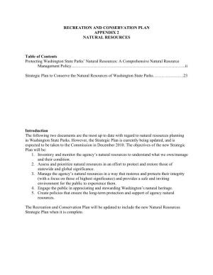 RECREATION and CONSERVATION PLAN APPENDIX 2 NATURAL RESOURCES Table of Contents Protecting Washington State Parks' Natural