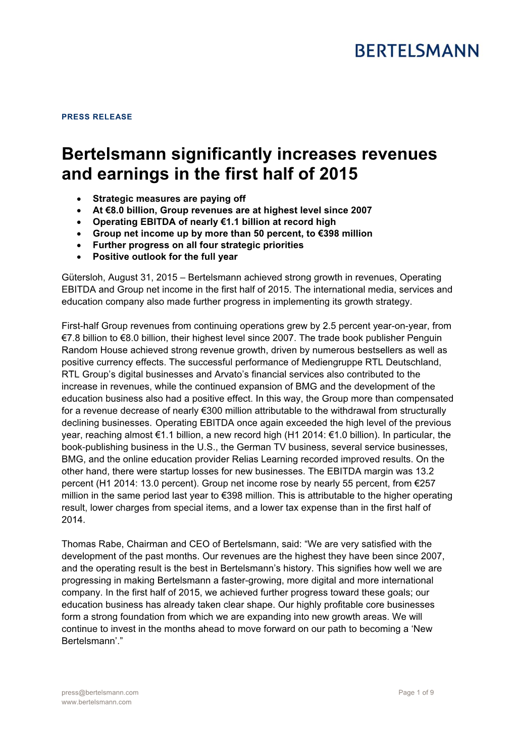 Bertelsmann Significantly Increases Revenues and Earnings in the First Half of 2015