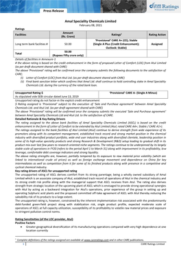 Press Release Amal Speciality Chemicals Limited