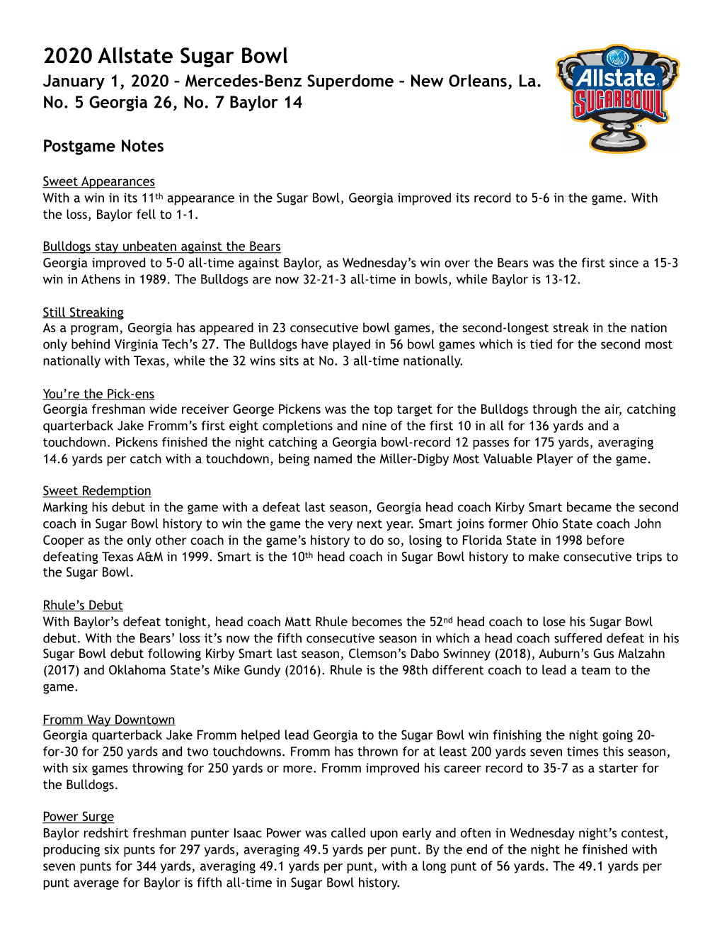 Allstate Sugar Bowl Postgame Notes