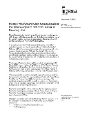 Messe Frankfurt and Crain Communications Inc. Plan To