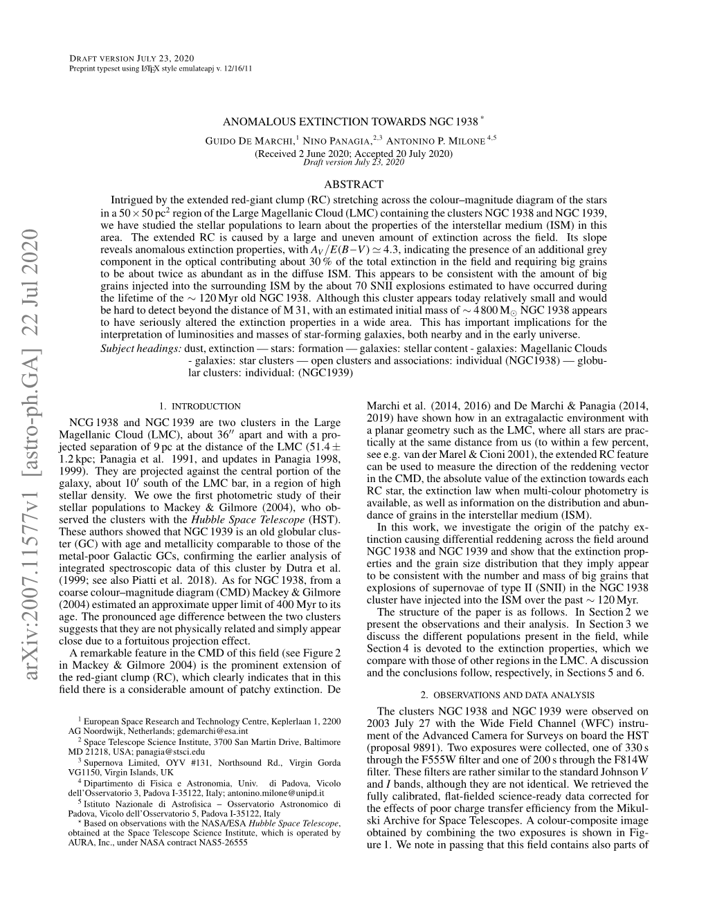 Arxiv:2007.11577V1 [Astro-Ph.GA] 22 Jul 2020 the Red-Giant Clump (RC), Which Clearly Indicates That in This ﬁeld There Is a Considerable Amount of Patchy Extinction