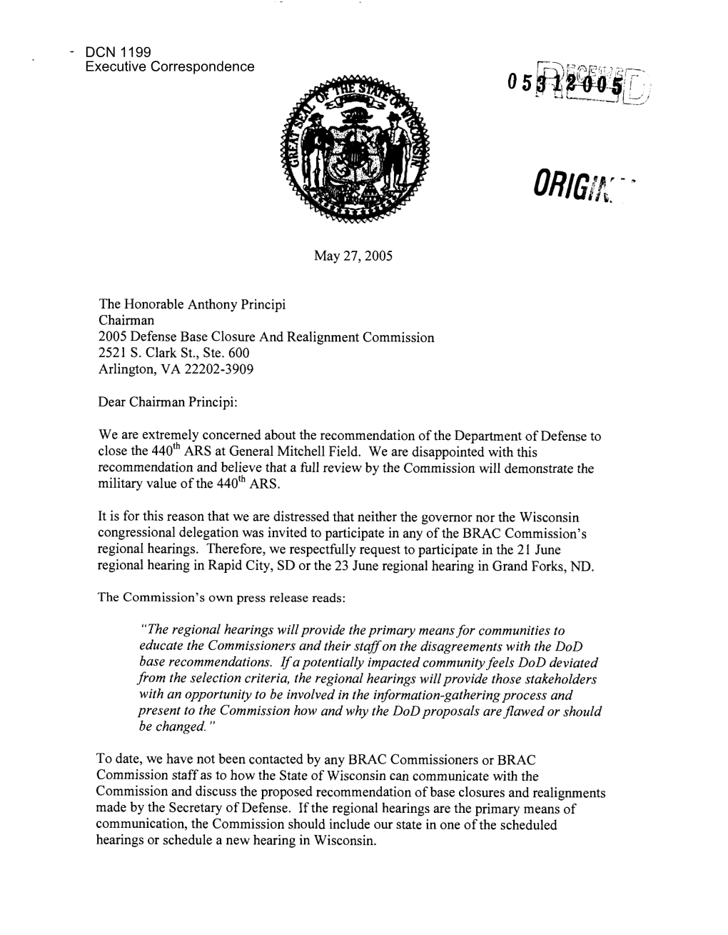 May 27,2005 the Honorable Anthony Principi