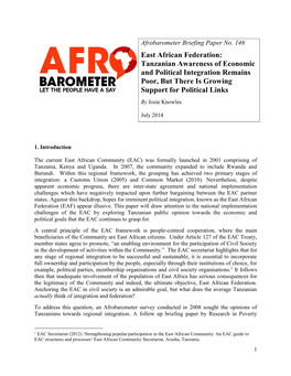 East African Federation: Tanzanian Awareness of Economic and Political Integration Remains Poor, but There Is Growing Support for Political Links