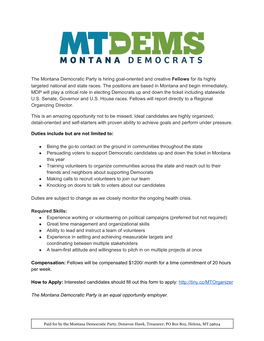 The Montana Democratic Party Is Hiring Goal-Oriented and Creative Fellows for Its Highly ​ ​ Targeted National and State Races