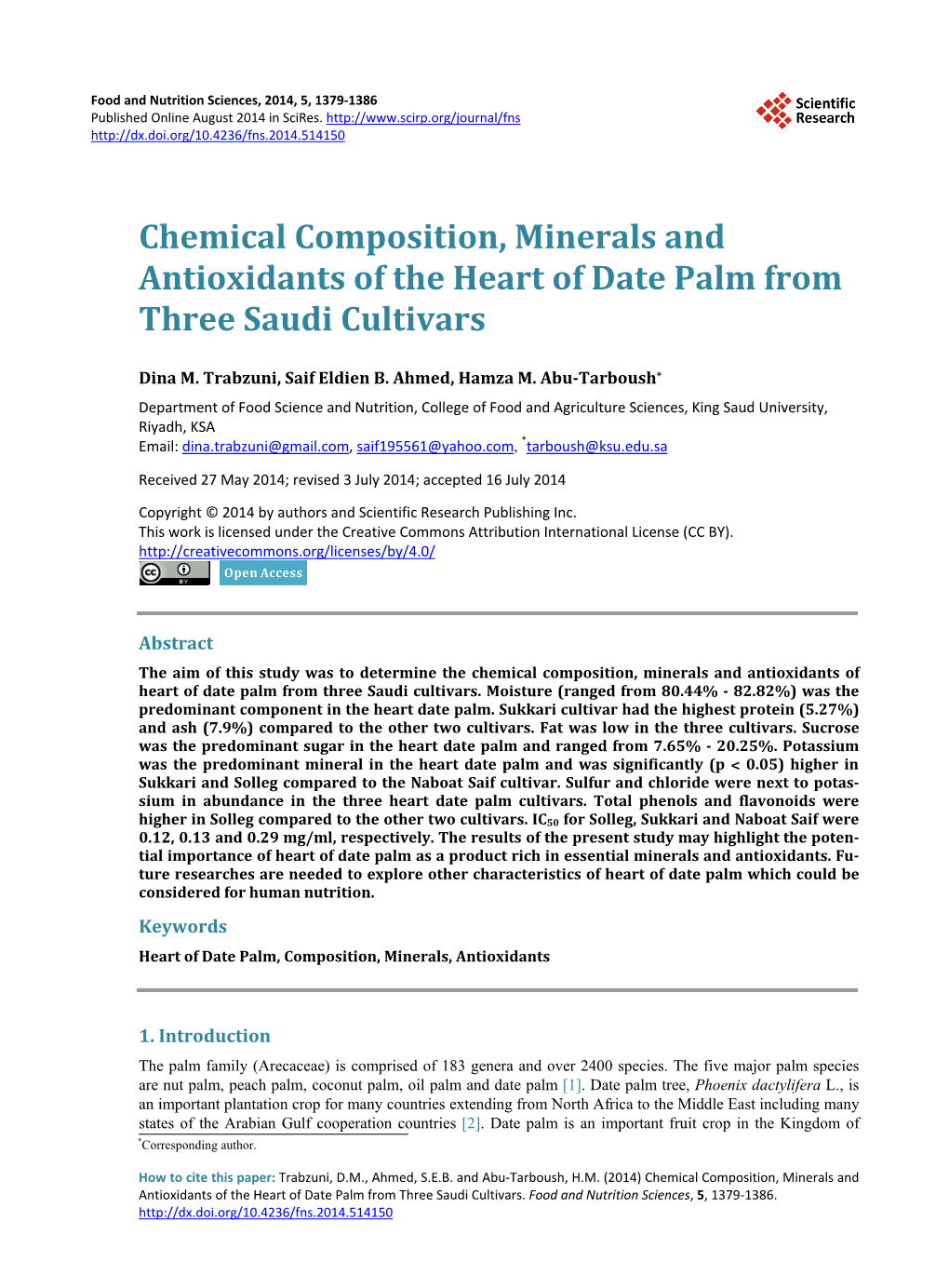 Chemical Composition, Minerals and Antioxidants of the Heart of Date Palm from Three Saudi Cultivars