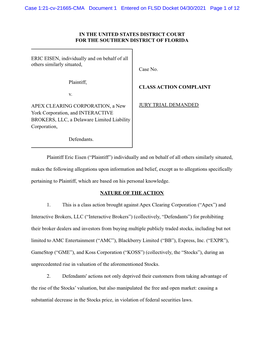 Eric Eisen, Et Al. V. Apex Clearing Corporation, Et Al. 21-CV-21665